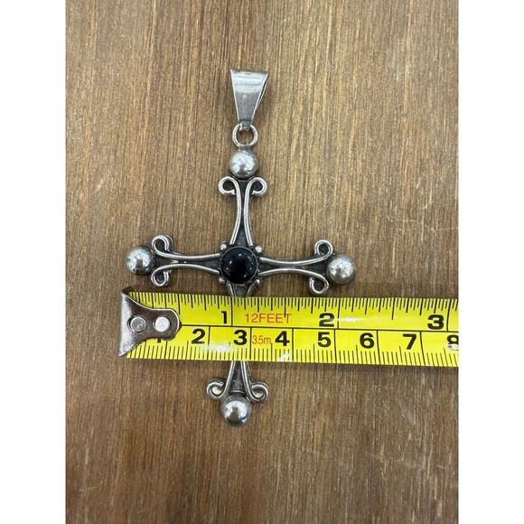 Large Vintage‎ Mexico Sterling Silver Black Onyx Cross Pendant - Picture 5 of 5